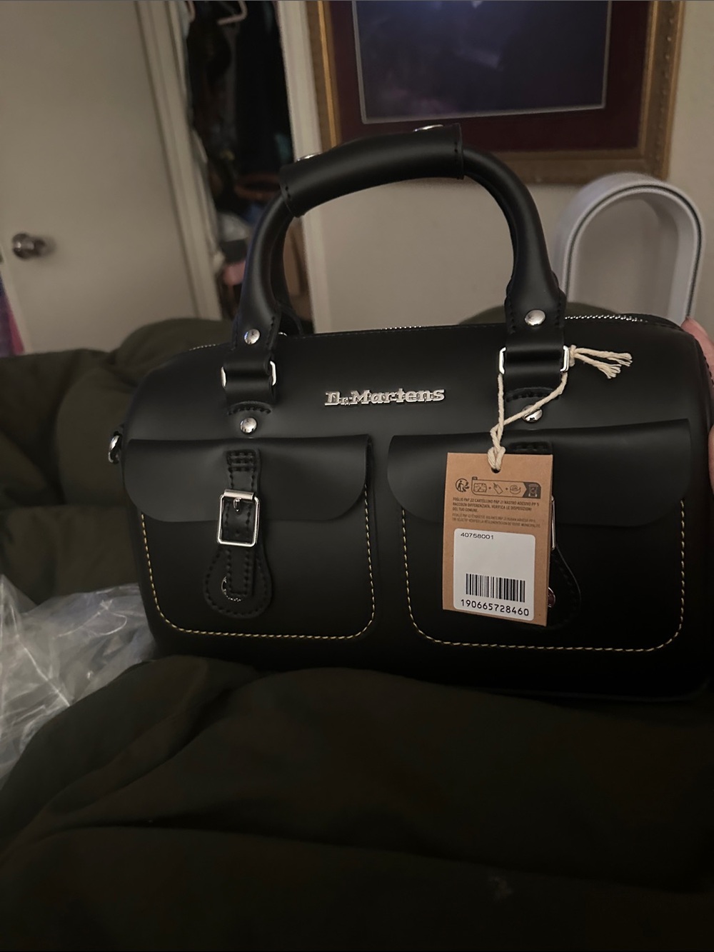 Dr. Martens Black Leather Mini Satchel with Contrast Stitching